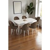 Baresmu Mura Beyaz 80x132 Açılabilir Mdf Masa Yemek Odası Takımı, Mutfak Takımı 6 Adet Sandalye Kahverengi