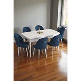 Baresmu Mura Beyaz 80x132 Açılabilir Mdf Masa Yemek Odası Takımı, Mutfak Takımı 6 Adet Sandalye Lacivert