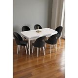 Baresmu Mura Beyaz 80x132 Açılabilir Mdf Masa Yemek Odası Takımı, Mutfak Takımı 6 Adet Sandalye Siyah
