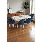 Baresmu Mura Beyaz Mermer 80x132 Açılabilir Mdf Masa Yemek Odası Takımı, Mutfak Takımı 4 Adet Sandalye Lacivert