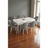 Baresmu Mura Beyaz Mermer 80x132 Açılabilir Mdf Masa Yemek Odası Takımı, Mutfak Takımı 6 Adet Sandalye Gri