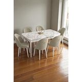 Baresmu Mura Beyaz Mermer 80x132 Açılabilir Mdf Masa Yemek Odası Takımı, Mutfak Takımı 6 Adet Sandalye Krem