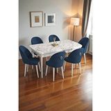 Baresmu Mura Beyaz Mermer 80x132 Açılabilir Mdf Masa Yemek Odası Takımı, Mutfak Takımı 6 Adet Sandalye Lacivert