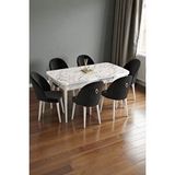 Baresmu Mura Beyaz Mermer 80x132 Açılabilir Mdf Masa Yemek Odası Takımı, Mutfak Takımı 6 Adet Sandalye Siyah
