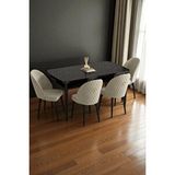 Baresmu Mura Siyah Mermer 80x132 Açılabilir Mdf Masa Yemek Odası Takımı, Mutfak Takımı 4 Adet Sandalye Krem