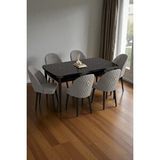 Baresmu Mura Siyah Mermer 80x132 Açılabilir Mdf Masa Yemek Odası Takımı, Mutfak Takımı 6 Adet Sandalye Gri