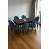 Baresmu Mura Siyah Mermer 80x132 Açılabilir Mdf Masa Yemek Odası Takımı, Mutfak Takımı 6 Adet Sandalye Lacivert