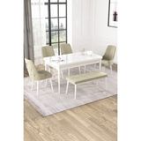Baresmu Nice Beyaz 80X132 Açılabilir Mdf Masa Yemek Odası Takımı, Mutfak Takımı 4 Adet Sandalye, 1 Bench - Krem