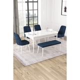 Baresmu Nice Beyaz 80X132 Açılabilir Mdf Masa Yemek Odası Takımı, Mutfak Takımı 4 Adet Sandalye, 1 Bench - Lacivert