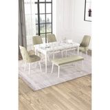 Baresmu Nice Beyaz Mermer Desen 80X132 Açılabilir Mdf Masa Yemek Odası Takımı, Mutfak Takımı 4 Adet Sandalye, 1 Bench - Krem
