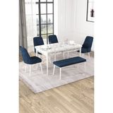 Baresmu Nice Beyaz Mermer Desen 80X132 Açılabilir Mdf Masa Yemek Odası Takımı, Mutfak Takımı 4 Adet Sandalye, 1 Bench - Lacivert