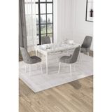 Baresmu Nice Beyaz Mermer Desen 80X132 Açılabilir Mdf Masa Yemek Odası Takımı, Mutfak Takımı 4 Adet Sandalye - Gri
