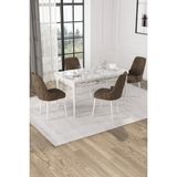 Baresmu Nice Beyaz Mermer Desen 80X132 Açılabilir Mdf Masa Yemek Odası Takımı, Mutfak Takımı 4 Adet Sandalye - Kahverengi