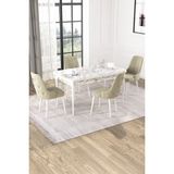 Baresmu Nice Beyaz Mermer Desen 80X132 Açılabilir Mdf Masa Yemek Odası Takımı, Mutfak Takımı 4 Adet Sandalye - Krem
