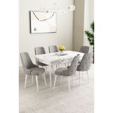 Baresmu Nice Beyaz Mermer Desen 80X132 Açılabilir Mdf Masa Yemek Odası Takımı, Mutfak Takımı 6 Adet Sandalye - Gri