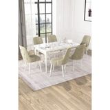 Baresmu Nice Beyaz Mermer Desen 80X132 Açılabilir Mdf Masa Yemek Odası Takımı, Mutfak Takımı 6 Adet Sandalye - Krem