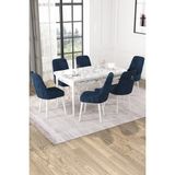 Baresmu Nice Beyaz Mermer Desen 80X132 Açılabilir Mdf Masa Yemek Odası Takımı, Mutfak Takımı 6 Adet Sandalye - Lacivert