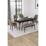 Baresmu Nice Siyah Mermer Desen 80X132 Açılabilir Mdf Masa Yemek Odası Takımı, Mutfak Takımı 4 Adet Sandalye, 1 Bench - Cappuccino
