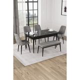 Baresmu Nice Siyah Mermer Desen 80X132 Açılabilir Mdf Masa Yemek Odası Takımı, Mutfak Takımı 4 Adet Sandalye, 1 Bench - Gri