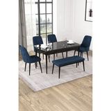 Baresmu Nice Siyah Mermer Desen 80X132 Açılabilir Mdf Masa Yemek Odası Takımı, Mutfak Takımı 4 Adet Sandalye, 1 Bench - Lacivert