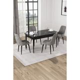 Baresmu Nice Siyah Mermer Desen 80X132 Açılabilir Mdf Masa Yemek Odası Takımı, Mutfak Takımı 4 Adet Sandalye - Gri