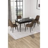 Baresmu Nice Siyah Mermer Desen 80X132 Açılabilir Mdf Masa Yemek Odası Takımı, Mutfak Takımı 4 Adet Sandalye - Kahverengi
