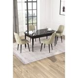 Baresmu Nice Siyah Mermer Desen 80X132 Açılabilir Mdf Masa Yemek Odası Takımı, Mutfak Takımı 4 Adet Sandalye - Krem