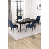 Baresmu Nice Siyah Mermer Desen 80X132 Açılabilir Mdf Masa Yemek Odası Takımı, Mutfak Takımı 4 Adet Sandalye - Lacivert