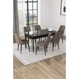 Baresmu Nice Siyah Mermer Desen 80X132 Açılabilir Mdf Masa Yemek Odası Takımı, Mutfak Takımı 6 Adet Sandalye - Cappuccino