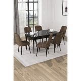 Baresmu Nice Siyah Mermer Desen 80X132 Açılabilir Mdf Masa Yemek Odası Takımı, Mutfak Takımı 6 Adet Sandalye - Kahverengi