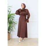 BARG FASHION Kahverengi Saten Kuşaklı Volan Kol Tesettür Maxi Elbise