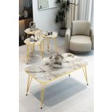 BARIN DESIGN 3'Lü Sekizgen Zigon Sehpa ve Dikdörtgen Orta Sehpa Takımı Modern Gold Metal Ayaklı Salon Sehpa Seti