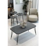 BARIN DESIGN 3'Lü Sekizgen Zigon Sehpa ve Dikdörtgen Orta Sehpa Takımı Modern Siyah Metal Ayaklı Salon Sehpa Seti