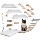 Barış Dizayn 12 Parça Doğal Ahşap Peluş Kedi Oyun Merdiveni Seti Köprü Platform Oyun Duvarı (Set3) 2 Renk - Beyaz
