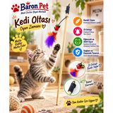 Baron Pet Kedi Oltası Ahşap Saplı Zilli Renkli Tüylü Balık Figürlü Kedi Oyuncağı
