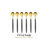 Barotti Modern Altın Renk Paslanmaz Çelik Çay Kaşığı 6’lı Set,mat Siyah Saplı Premium Çay,kahve Kaşığı Seti