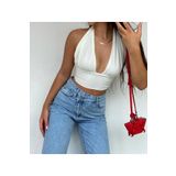 BARS Kadın Yazlık Boyun Bağlamalı Askılı Değişken Yaka Crop Beyaz Bluz Büstiyer Krop Top