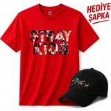 BarsDepo Straykids Tişört, Premıum Kalite Unisex Çocuk / Yetişkin (Şapka Hediyeli) - 6 - 7 Yaş - Kırmızı