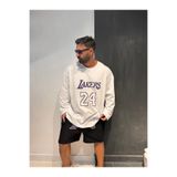 Bas Body FitnessWear Beyaz Bisiklet Yaka Lakers Baskılı Büyük Beden %100 Pamuk Uzun Kol Tişört