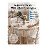 Başak Ev Tekstili Çiçek Desenli Yuvarlak Krem Renkli Dantel Görünümlü Masa Örtüsü - Silinebilir , Şık Görünüm