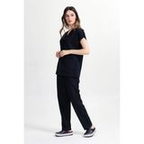 Başak Kadın Likralı Pamuk Scrubs Yarasakol Doktor Hemşire Forma Takımı Siyah - XL