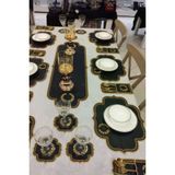Basak Siyah Gold 8 Kisilik 25 Parca Masa Ortusu Nakisli Deri Runner Seti Yemek Sunum Takimi