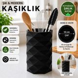 Basart Geometrik Tasarımlı Mutfak Kaşıklığı Organizeri 10 cm Çap Geniş Iç Hacimli Tezgah Üstü Kaşıklık Düzenleyici - Siyah