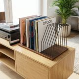 Base 50X32X26 cm Ahşap Tabanlı Metal Telli Dekoratif Plaklık Plak Düzenleyici Masaüstü Organizer - Ahşap - Ceviz - 50x32x26cm