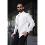 Baselco Bomber Triko Kol Detaylı Dokulu Kolej Ceket Erkek Slim Fit Suni Deri Modern Tasarım - Beyaz
