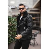 Baselco Erkek Biker Retro Içi Kürk Kaplı Napa Nubuk Deri Ceket - Siyah