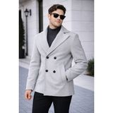 Baselco Erkek Casual Kruvaze Midi Boy Kaşe Kaban - Modern Kesim - Açık Gri