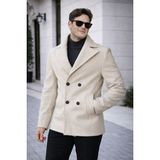 Baselco Erkek Casual Kruvaze Midi Boy Kaşe Kaban - Modern Kesim - Bej - 2XL