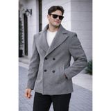 Baselco Erkek Casual Kruvaze Midi Boy Kaşe Kaban - Modern Kesim - Gri
