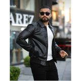 Baselco Erkek Polo Yakalı Mevsimlik Astarlı Süet Ceket Slim Fit Suni Deri Konforlu Tasarım - Siyah